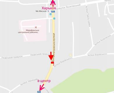Билборд B в Мерефе Мерефа-вул. Дніпровська-вул. Воровського-прапорець №1-у бік сел. Селекційне схема