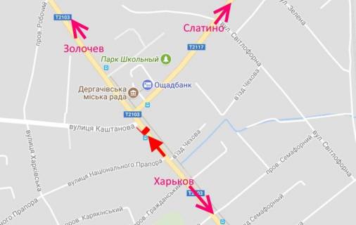 Билборд B в Дергачах Дергачі-вул. Сумський шлях-міськрада-у бік Золочева схема