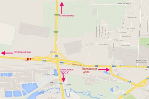 Билборд B в Харькове вул.Залютинська -розв'язка з кільцевою-прапорець №3-із центру схема