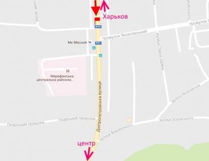 Билборд A в Мерефе Мерефа-вул. Дніпровська-пер.Яковлівський-прапорець №1-у бік сел. Селекційне схема