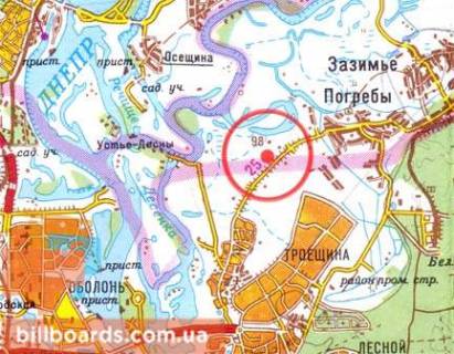 Билборд A в Киеве, 3х6  Троєщина: Погребський шлях (вул. Радосиньская), 800 м до вул. Милославська, Опіковий центр / в'їзд в Київ з боку Погребів-Зазим'я (стаціонарний блок-пост), ресторани Мангал House, БородиБар, Fazenda; АЗС Avantage 7, склади будматеріалів Профітрейд, схема