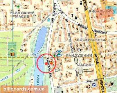 Білборд, Бігборд (Борд)  A у Києві вул. Райдужна, 15; світлофор, навпаки вхід с / м "Фуршет", СК "Спортлайф"; рест. "Карусель", с / м "Сільпо" оз. Радунка (вхід на пляж) / направл. до бул. Перова схема