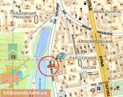 Білборд B у Києві вул. Райдужна, 15; світлофор, навпаки вхід с / м "Фуршет", СК "Спортлайф"; рест. "Карусель", с / м "Сільпо" оз. Радунка (вхід на пляж) / направл. до бул. Перова схема