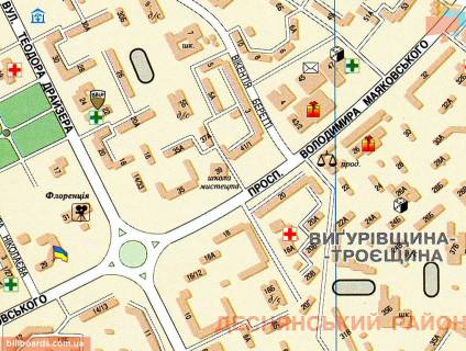 Білборд, Бігборд (Борд)  B у Києві просп. Червоної Калини (Володимира Маяковського), 22; діловий центр Троєщини: Фестивальний, ринок, Калинка-Малинка, ТЦ Маяк, Дарина, Бумі і ін .; остан. заг. тр. / Напрямок до вул. Драйзера схема