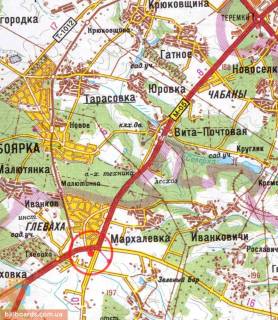 Билборд A в Глевахе, 3х6  А/д М-05 Київ-Одеса 10, км 27+800 м, ліворуч / напрямок на Київ, с. Глеваха, перед поворотом на Васильків з боку БЦ, виїзд з АЗС UkrNafta, Глевахівський ринок, перед пішохідним мостом, 14 км до Одеської пл. схема