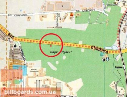 Билборд B в Киеве ул. Стеценко, "Дубки"  ресторан, в напр. от м. "Сырец" и ЖД моста к Интернациональной пл. схема