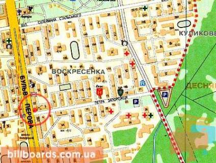 Білборд, Бігборд (Борд)  A у Києві бул. Перова, 22 - поворот на Інтернаціонального легіону вул. (Петра Запорожця), під'їзд до авторинку, ТЦ Квадрат (Аврора), на світлофорі (призма) схема