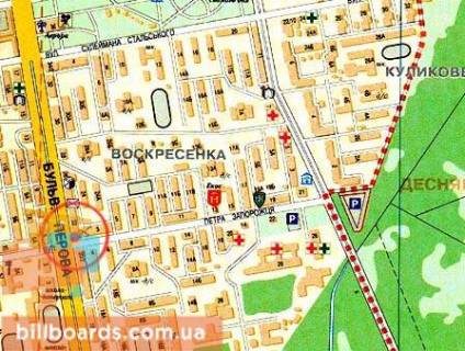 Білборд, Бігборд (Борд)  A у Києві бул. Перова, 22 - поворот на Інтернаціонального легіону вул. (Петра Запорожця), під'їзд до авторинку, ТЦ Квадрат (Аврора), на світлофорі (призма) схема