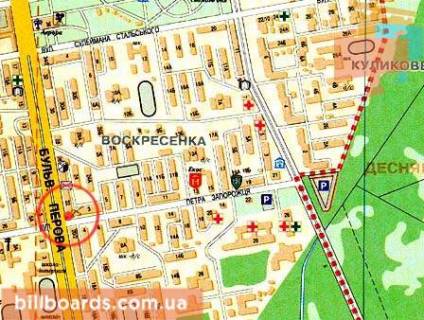 Билборд A в Киеве бул. Перова, 22 - поворот на Інтернаціонального легіону вул. (Петра Запорожця), подъезд к авторынку, ТЦ Квадрат (Аврора), на светофоре (призма) схема