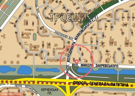 Билборд A в Киеве просп. Червоної Калини (Володимира Маяковського) / ул. Закревского (2а); въезд на Троещину, на светофоре, авт. остановка схема