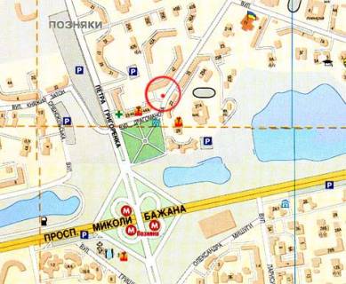 Билборд A в Киеве ул. Драгоманова, 27 - Позняки, клиника "Добробут", ТЦ "Элтикс" (Центрум), спорт-клубы "Фитнес-реал",  "Планета-спорт"; маг. "Космо", "Дом взуття", рест. "Мураками", "Кофе-тайм", "Галина", Domino's pizza, на остановке схема