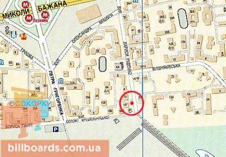 Билборд A в Киеве ул. Руденко, 10 - подъезд к г/м МETRO cash&carry; напр. от пр. М.Бажана, за пер. с ул. Вишняковской, ветклиника "Друг", фитнес-клуб "Колизей" / борд ДОМИНИРУЕТ на ул. Руденко схема