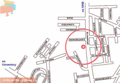 Билборд B в Киеве, 3х6  Васильків, вул. Декабристів, 117 / ринок "Западинський"; за пов. на вул. Космонавтів та вул. Тургенівську, перед пов. на вул. Миколи Бурки, напрямок з центра (на Київ) схема