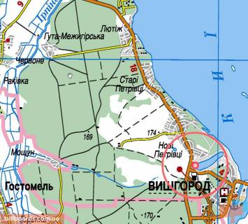 Билборд A в Вышгороде, 3х6  Вишгород, вул. Богатирська (Київ), поворот на вул. Яблуневу, автодорога Р-69 км 20+020 м, праворуч / виїзд з Києва (Оболонь), 550 м до АЗС WOG схема
