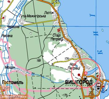Билборд B в Вышгороде, 3х6  Вишгород, вул. Богатирська (Київ), поворот на вул. Яблуневу, автодорога Р-69 км 20+020 м, праворуч / в'їзд в Київ (Оболонь) схема