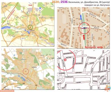 Білборд, Бігборд (Борд)  A у Києві, 3х6  Васильків, вул. Декабристів, 28 (центр); на світлофорі, видимість 350 м, поворот на вул. Ватутіна, зі стор. вул. Грушевського схема