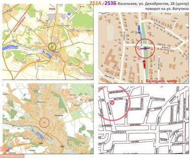 Білборд, Бігборд (Борд)  B у Києві, 3х6  Васильків, вул. Декабристів, 28 (центр); поворот на просп. Романа Шухевича (Генерала Ватутіна), в стор. вул. Грушевського схема