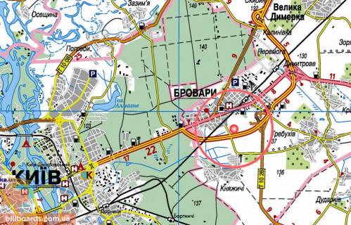 Билборд B в Бровары, 3х6  Бровари - Кільцева (а/д Е-95 Київ-Чернігів 01, км 21+600 м, ліворуч) - з Києва, 1 км від Броварського просп., за залізничним переїздом схема
