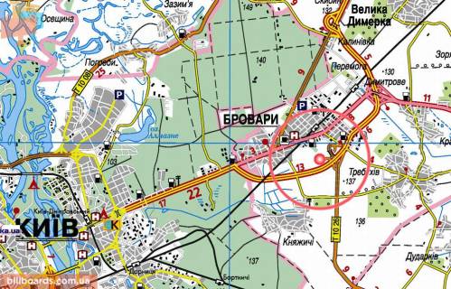 Билборд A в Бровары, 3х6  Бровари - Кільцева (а/д Е-95 Київ-Чернігів 02, км 24+000 м, ліворуч); навпроти логістичного центру Gate One, за 300 м до комплексу Петровський бровар (Переяславський шлях (кол. Осипова), 131), розв'язка на Княжичі; напрямок руху на Київ схема