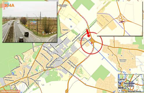 Билборд A в Бровары, 3х6  Бровари - Кільцева (а/д Е-95 Київ-Чернігів 05, км 31+900 м, ліворуч) - в Київ; за розв'язкою на Прилуки, виїзд з вул. Гоголівської схема