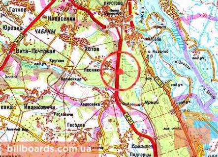 Білборд, Бігборд (Борд)  A у Ходосівці, 3х6  А/д Н-01 Київ-Луганськ 02; км 23+070 м, ліворуч - "новобухівська" / в Київ, МегаМаркет (400 м), навпроти Садового центра ІнтерФлора, Ходосіївка (Дніпропетровське шосе) схема