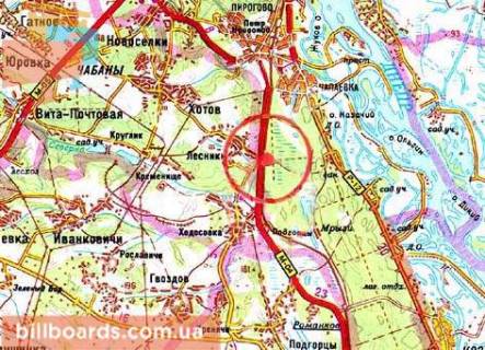 Билборд B в Ходосовке, 3х6  А/д Н-01 Київ-Луганськ 02; км 23+070 м, ліворуч - "новобухівська" / з Києва, МегаМаркет (400 м), навпроти Садового центра ІнтерФлора, Ходосівка (Дніпропетровське шосе) схема