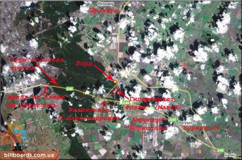 Билборд A в Пролесках, 3х6  ПСО Р-03, км 4+900 м, праворуч - Фоззі на Бориспільській трасі - світлофор на виїзді з парковки (Мала Олександрівка), Амако, ТММ, заїзд на головний логістичний центр Нова пошта, митниця, виїзд на Бориспільську трасу / Північно-Східний об'їзд схема