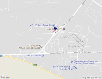 Billboard A in Uman, 6х3  m. Uman', st. Teplicna, 8, za 70m do povorotu na st. Industrial'na, za 990m do rozv'azki z st. Zavods'ka ta st. Energeticna, cerez 450m pisla rozv'azki z st. Derev'anka, verh scheme