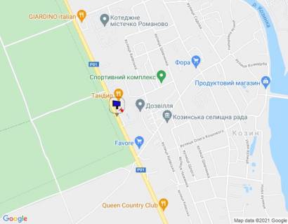 Билборд B в Козине, 6х3  Конча-Заспа, траса Р-01, км 29+550 право, за 700м до повороту на котеджне містечко "РОМАНОВО", за 600м до комплексу "Сезони SPA" та ресторану "Giardino", парковка ресторану "ТАНДИР", через 270м після повороту на вул. Партизанська, через 350м після схема