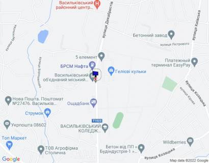 Білборд, Бігборд (Борд)  B у Василькові, 6х3  м. Васильків, вул. Декабристів, 43-А, біля автобусної зупинки "Автопарк" та Васильківського об'єднаного міського військового комісаріату, за 230м до АЗС "GLUSCO", за 100м до АЗС "БРСМ НАФТА", через 200м після Ощадбанку схема