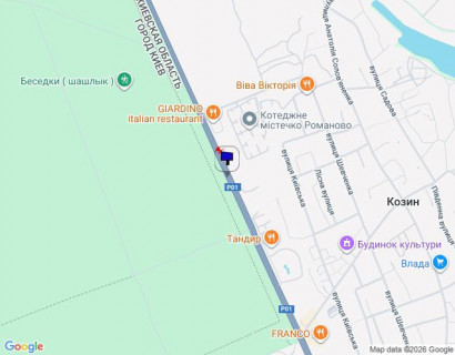 Билборд A в Козине, 6х3  Конча-Заспа, траса Р-01, с. Козин, км 29+200 право, котеджне містечко "РОМАНОВО", супермаркет "Wine Time", за 250м до ресторану "ТАНДИР" схема