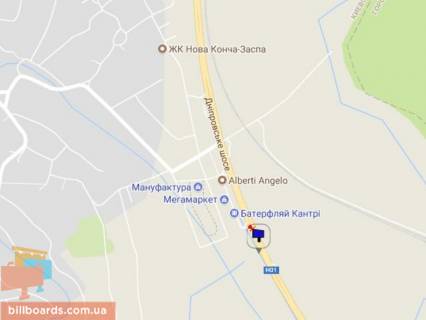 Билборд A на трассах Киевской области, 6х3  Дніпровське шосе, траса Н-01 "Київ-Знам'янка", км 24+100 право, через 450м після повороту на с. Ходосівку та АЗС UPG, через 100м після ТЦ "МегаМаркет", за 150м до ТЦ "Аракс" схема