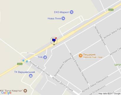 Билборд B в Буче, 6х3  м. Буча, траса М-07 "Київ-Ковель", км 30+050 ліво, вул. Нове Шосе, навпроти ТЦ Модуль, через 150м після магазину Епіцентр, через 450м після ТРЦ Avenir Plaza, за 100м до АЗС WOG схема