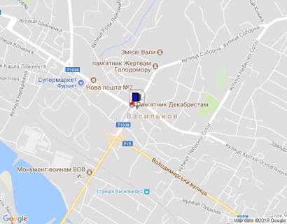 Билборд A в Василькове, 3,6х4,5  м. Васильків, Перехрестя вул. Грушевського, вул. Соборної і вул. Ю.Комунарова (Луначарського, 2)  схема