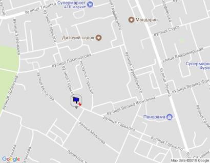 Billboard B in Uman, 6х3  m. Uman', st. Gor'kogo, 33, za 220m do povorotu na st. Lomonosova ta 50m do Osadbanku, cerez 60m pisla povorotu na provulok Gor'kogo ta 120m pisla rozvilki z st. Velika Fontanna  scheme