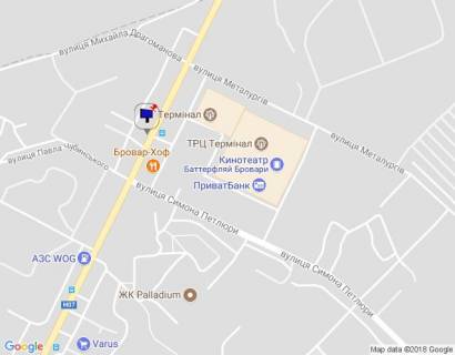 Билборд A в Бровары, 6х3  м. Бровари, вул. Київська, навпроти ТРЦ "Термінал" та магазину "МегаМаркет", за 95м до розвилки з вул. Павла Чубинського та Петлюри Симона вул. (кол. Черняховського), за 245м до повороту на вул. Василя Стефаника, за 265м до АЗС "WOG", через 60м після АЗС "КЛО", через схема