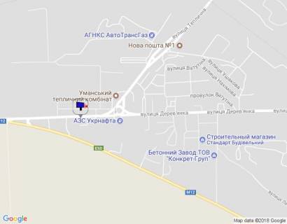Billboard B in Uman, 6х3  m. Uman', st. Derev'anka, cerez 80m pisla avtobusnoi zupinki ta 200m pisla rozv'azki z st. Teplicna, za 500m do viizdu na trasu M-12  scheme