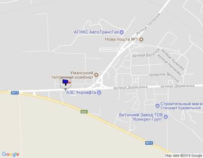 Billboard B in Uman, 6х3  m. Uman', st. Derev'anka, cerez 140m pisla avtobusnoi zupinki ta 260m pisla rozv'azki z st. Teplicna, za 440m do viizdu na trasu M-12  scheme