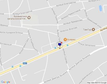 Билборд B в Бровары, 6х3  м. Бровари, вул. Київська, 90, біля повороту на Красницького повіту вул. (кол. Сєрова) та магазину "Фора", біля автобусної зупинки, через 180м після повороту на вул. Запорізька схема