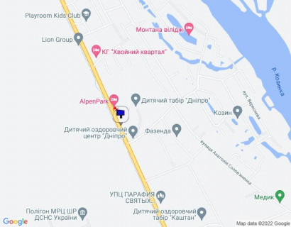 Билборд B в Козине, 6х3  Конча-Заспа, траса Р-01, км 31+750 ліво, біля автобусної зупинки, через 150м після готелю "AlpenPark", через 500м після котеджного містечка "Хвойний Квартал", за 150м до повороту на вул. Лобановського схема