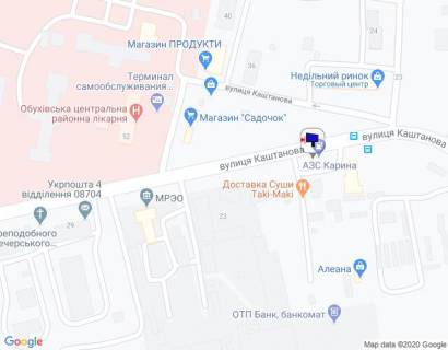 Билборд A в Обухове, 6х3  м. Обухів, вул. Каштанова, 21, лікарня, біля АЗС Каріна, через 200м після МРЕВ, за 50 м до автобусної зупинки схема