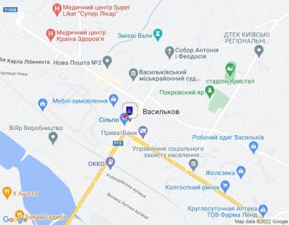 Ситилайт B в Василькове, 1,2х1,8  м. Васильків, вул. Соборна, 64/1, біля магазину "Сільпо", за 150м до перехрестя з вул. Юних Комунарів, за 230м до перехрестя з вул. Шевченка та вул. Покровська, через 50м після повороту на вул. Володимирська схема