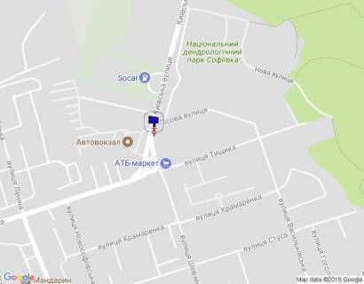 Billboard A in Uman, 6х3  m. Uman', st. Kiivs'ka, 4, bila avtobusnoi zupinki, navproti Avtovokzalu, za 40m do povorotu na st. Lisova ta 120m do AZS SOCAR, cerez 50m pisla magazinu ATB ta rozv'azki z st. Tisika ta st. Sevcenka scheme