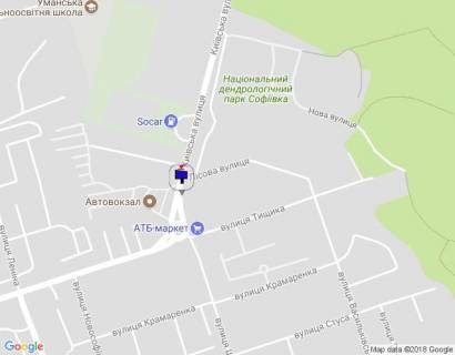 Billboard B in Uman, 6х3  m. Uman', st. Kiivs'ka, 4, bila avtobusnoi zupinki, navproti Avtovokzalu, cerez 40m pisla povorotu na st. Lisova ta 120m pisla AZS SOCAR, za 50m do magazinu ATB ta rozv'azki z st. Tisika ta st. Sevcenka scheme