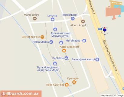 Билборд B в Киеве шосе Дніпровське (шосе Дніпропетровське), траса Н-01 "Київ-Знам'янка", км 23+850 ліво, через 200м після повороту на с. Ходосівку та АЗС UPG, навпроти ТЦ "МегаМаркет", правий схема