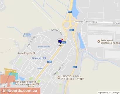 Билборд A в Обухове, 6х3  м. Обухів, вул. Київська, 125 / вул. Миру,1, в'їзд в м. Обухів з м. Києва, Українки, за 100м до ринку "Піщаний" схема