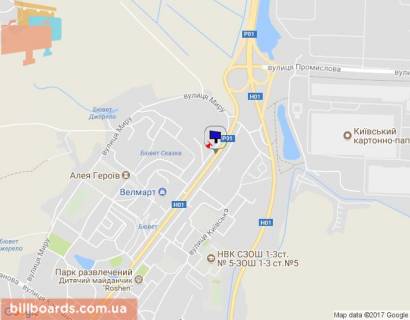 Билборд B в Обухове, 6х3  м. Обухів, вул. Київська, 125 / вул. Миру,1 , виїзд з м. Обухів в м. Київ, Українку, через 100м після ринку "Піщаний" схема