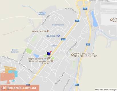 Билборд B в Обухове, 6х3  м. Обухів, вул. Київська, через 50м після банку "Аваль", навпроти озера та дитячого майданчику "Рошен" схема