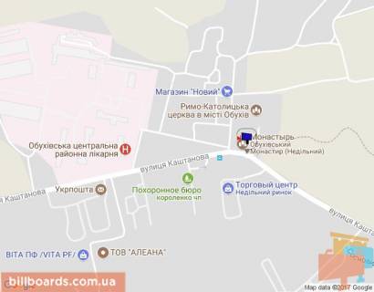 Билборд B в Обухове, 6х3  м. Обухів, вул. Каштанова, 22, біля монастиря, через 100м після автобусної зупинки схема