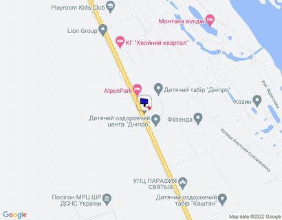Билборд A в Козине, 6х3  Конча-Заспа, траса Р-01, км 31+750 ліво, біля автобусної зупинки, за 150м до готелю "AlpenPark", за 500м до котеджного містечка "Хвойний Квартал", через 150м після повороту на вул. Лобановського схема